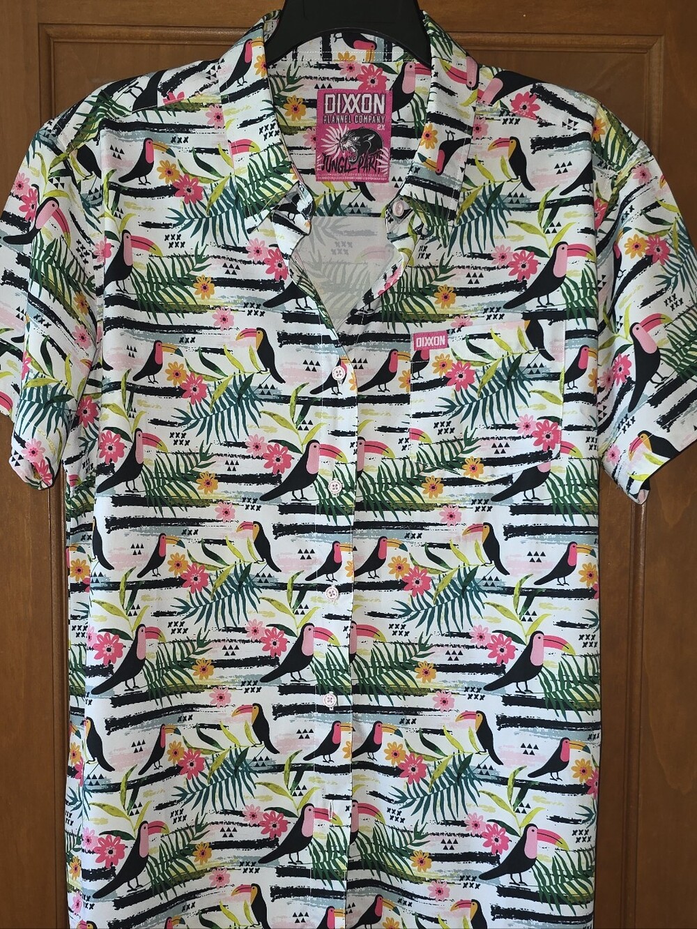 New Dixxon Women's Jungle Bird Short-Sleeve Camp Shirt White with Tropical Print